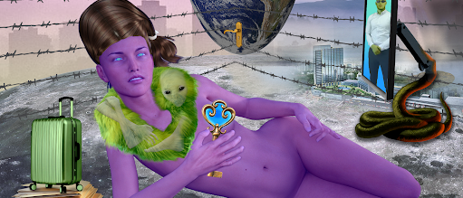 Naked purple person on the moon with a suitcase, snake monitor and earth in the backround