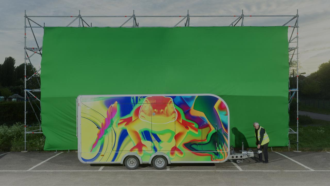 a colourful image of a frog on a caravan